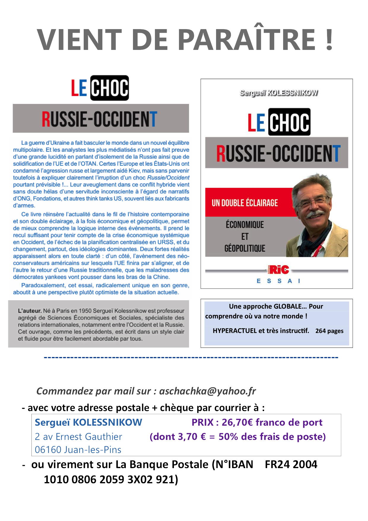Affiche. Editions RiC Essai. « Le Choc Russie-Occident » par Prof. Sergueï Kolesnikov. 2025-06-03
